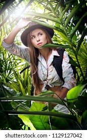 Portrait Of Nice Young Woman  Exploring Jungle Environment