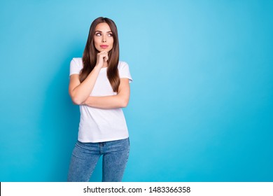 Portrait of nice-looking attractive lovely lovable curious sweet straight-haired girlfriend thinking creating new plan copy space isolated over bright vivid shine blue green teal turquoise background - Shutterstock ID 1483366358