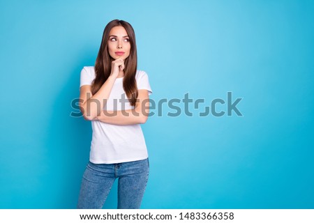 Portrait of nice-looking attractive lovely lovable curious sweet straight-haired girlfriend thinking creating new plan copy space isolated over bright vivid shine blue green teal turquoise background
