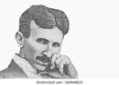 Portrait of Nikola Tesla. Genius scientist and inventor of electricity. Isolated from vintage paper banknote.