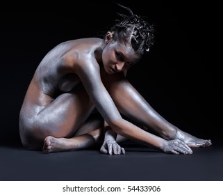 Bodypaint nude silver Category:Nude standing