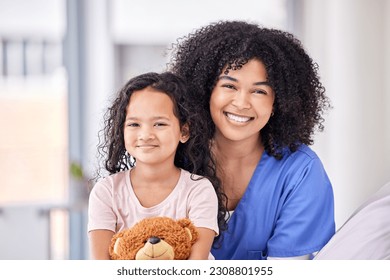 Portrait, nurse and child on bed in hospital for children, health and support in expert medical treatment. Pediatric healthcare, kids and happy face of nursing caregiver with young patient at clinic. - Powered by Shutterstock