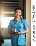Portrait, nurse and happy woman with tablet in clinic for research, telehealth and healthcare. Face, medical surgeon and digital technology for hospital service, results and online report in Spain