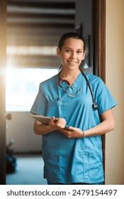 Portrait, nurse and happy woman with tablet in clinic for research, telehealth and healthcare. Face, medical surgeon and digital technology for hospital service, results and online report in Spain