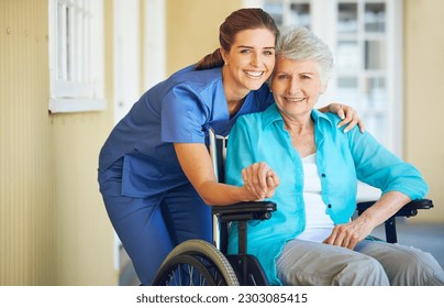 Portrait of nurse, hugging or old woman in wheelchair in hospital helping a senior patient for support. Holding hands, happy smile or healthcare caregiver smiling with an elderly lady with disability - Powered by Shutterstock