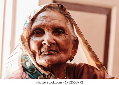 Portrait of an old Indian lady wearing saree