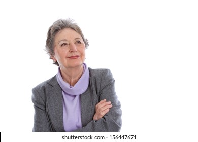 Portrait Of An Old Isolated Woman Looking Up And Is Happy.