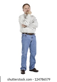 Portrait Of An Old Man With Hand Under The Chin Standing On A White Background