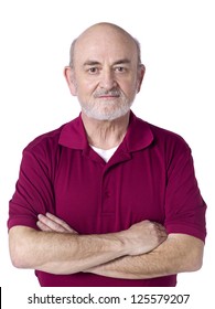 Portrait Of Old Man With Serious Look Against White Background