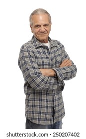 Portrait Of Old Man Standing With Arms Crossed Against White Background