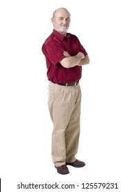 Portrait Of Old Man Standing While In Cross Arms Against White Background