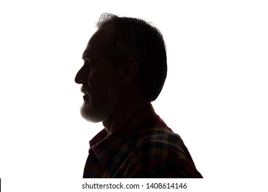 Portrait Of A Old Man, Unshaven, With Beard, Side View - Dark Isolated Silhouette