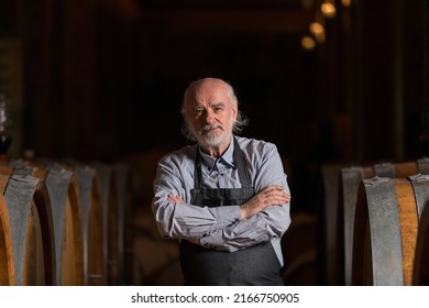 Portrait of old senior winemaker at winery checking barrels in wine cellar.