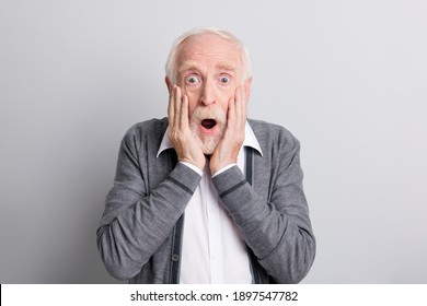 Portrait Of Old White Hair Impressed Man Hands Face Open Mouth Wear Dark Sweater Isolated On Grey Background