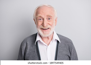 Portrait of old white hair optimistic man laugh wear dark sweater isolated on grey background