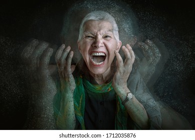 Portrait of old women, she becoming crazy and angry, dispersion motion