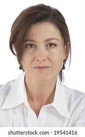 Portrait On White Background Of A Forty Years Old Woman In Studio