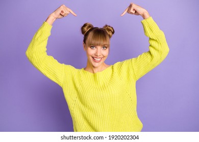 Portrait of optimistic blond girl point herself wear green sweater isolated on lilac color background - Shutterstock ID 1920202304