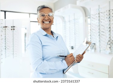 portrait, optometrist or mature manager with glasses checklist for store inventory or eyewear choice. Woman, product or happy optician in clinic writing on clipboard for eye care in optometry shop - Powered by Shutterstock