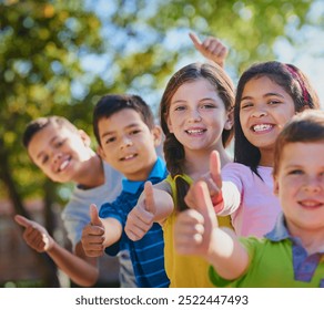 Portrait, outdoor and kids with thumbs up, diversity and happiness with support, thank you and smile. Face, group and friends with hand gesture, like and emoji with icon, bootcamp and education - Powered by Shutterstock