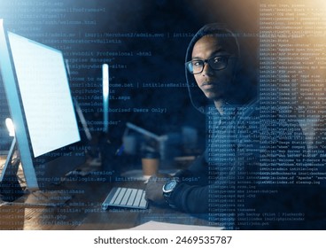 Portrait, overlay and man hacking computer with coding for cybercrime, software development and dark office. Web, monitor space and hacker guy with screen light and install virus for malware update
