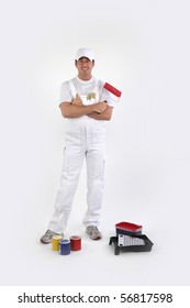 Portrait Of A Painter In Overalls  On White Background