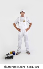 Portrait Of A Painter In Overalls  On White Background