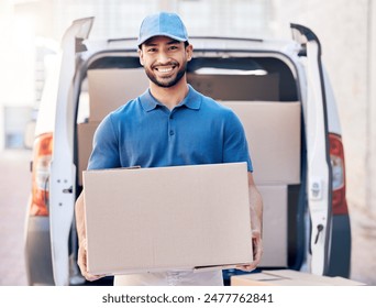 Portrait, parcel and delivery man with box in outdoor for shipping, courier service or stock. Cargo, logistics and employee with cardboard package for export, distribution or commercial supplier - Powered by Shutterstock