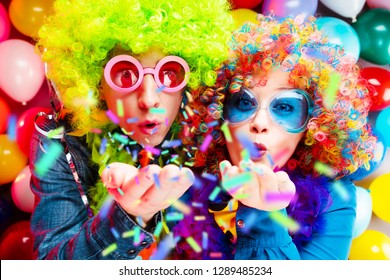 Portrait of party Men and woman in wig and glasses Carneval