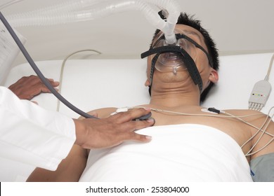 Portrait of patient receives artificial ventilation in hospital