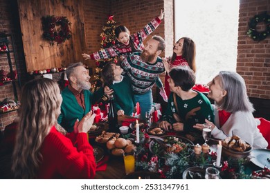 Portrait of peaceful big family sit table play piggyback enjoy celebrate new year xmas flat indoors - Powered by Shutterstock