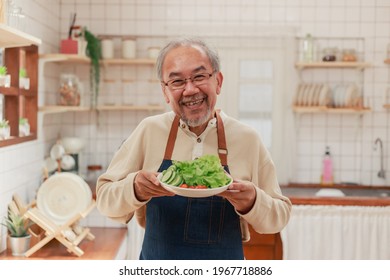 Portrait of pensioner mature man holding dish of healthy vegetable salad with smiley face. Retired man proud to show his home made food in his kitchen at home.