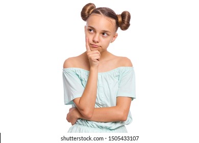 Portrait Of Pensive Teen Girl Isolated On White Background. Thoughtful Teenager Holding Hand Near Face, Looking Seriously Away At Copy Space. Beautiful Caucasian Confident Child Student.