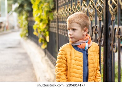 Portrait Of Pensive Teenager Boy In Yellow Clothes Looking Away Standing Near Vintage Metal Fence On The Street, Walking Outside 