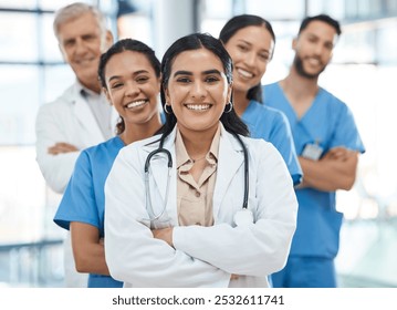 Portrait, people and doctors with confident in hospital for medical service, collaboration and career pride. Smile, woman and arms crossed with healthcare leadership, about us and treatment of health - Powered by Shutterstock