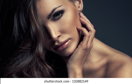 Portrait of perfect Makeup. Beautiful sexy woman with long Hair