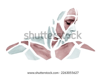 Portrait of person with creative art colored makeup posing in the studio. Shape of gray and red polygons on beautiful human face, neck, shoulders. Geometrical pattern isolated on white background.