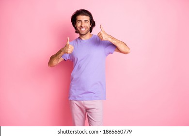 Portrait Of Person In Good Mood Arms Two Thumbs Up Wear Magenta Isolated On Pastel Pink Color Background