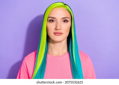 Portrait person lady and fake gradient haircut look in camera isolated over violet color background