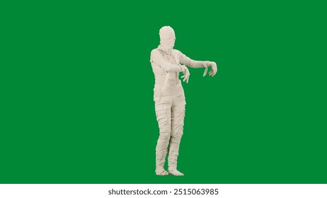 Portrait of person in a mummy bandage on chroma key green screen background. Mummy covered in white cloth ribbons walking with hands up.