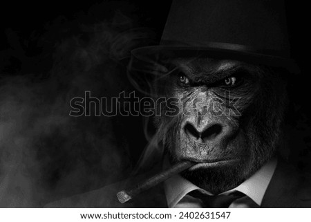 A portrait of a personified gorilla monkey smoking in a suit and a hat