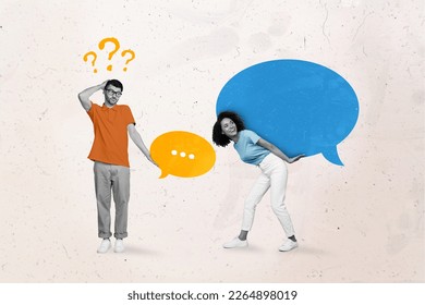 Portrait photo artwork minimal collage of two young friends communicating together hold chat box dialogue speech isolated on white background - Shutterstock ID 2264898019