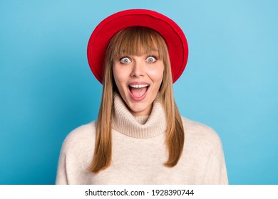 Portrait Photo Girl Amazed Staring Opened Mouth In Red Hat Smiling Happy Isolated Bright Blue Color Background