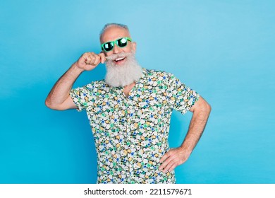 Portrait Photo Of Old Age Senior Man Wear Summer Shirt Toothy Smile Nice Sun Glasses Ray Ban Funny Mustache Successful Boss Isolated On Blue Color Background