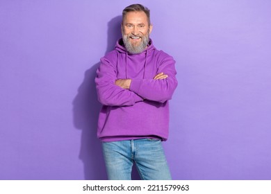 Portrait Photo Of Old Aged Pensioner Man Folded Arms Positive Good Mood Professional Worker Isolated On Purple Color Background