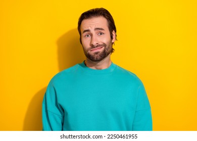 Portrait photo of unhappy dissatisfied guy student worker pouted lips grimace forgot deadline last exam isolated on yellow color background