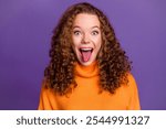 Portrait photo of wavy red hair young funky woman in orange stylish sweater stick tongue out isolated on violet color background