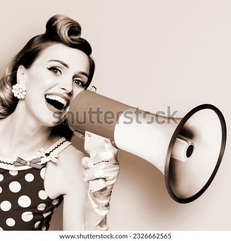 Portrait photo of yelling woman holding mega phone, shout advertising promo offer. Girl in wear pin up style dress with loudspeaker. Beauty model. Brown toned, black and white, bw monochrome.
