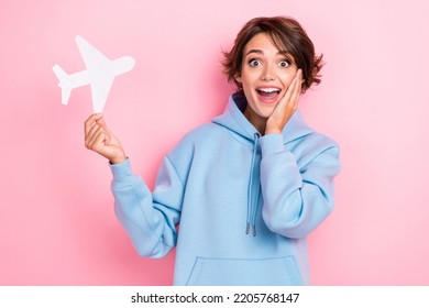 Portrait Photo Of Young Adorable Pretty Cute Nice Gorgeous Woman Wear Blue Hoodie Hold Paper White Plane Touch Cheeks Funny Reaction Isolated On Pink Color Background