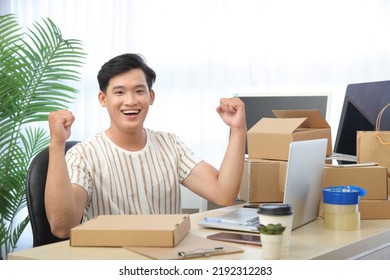 Portrait Photo Of A Young Handsome Asian Adult Man, Livestream To Sell Goods Online, Concept Of Personal Commerce Reseller Business Of Digital Life 